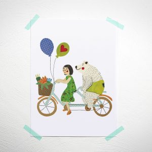 Abbildung: Poster zum Ausdrucken mit Maedchen und Eisbaer auf einem Fahrrad.