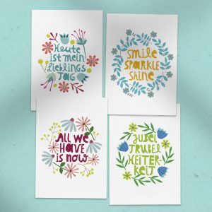 Abbildung: Postkarten-Set zum Ausdrucken mit fröhlichen und positiven Sprüchen.