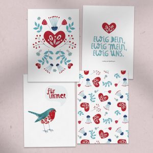Abbildung: Postkarten-Set zum Ausdrucken mit Valentinstag-Motiven