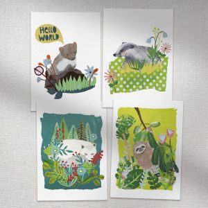 Abbildung: Postkarten-Set zum Ausdrucken mit einem Dachs, Polarfuchs, Faultier und Wiesel.