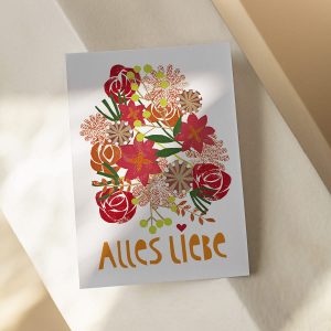Abbildung: Florale Postkarte zum Ausdrucken. Das Motiv zeigt Blumen und den Text Alles Liebe.