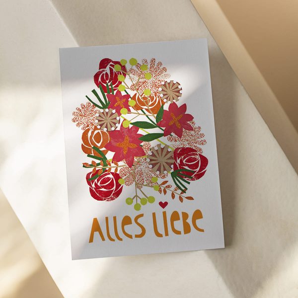 Abbildung: Florale Postkarte zum Ausdrucken. Das Motiv zeigt Blumen und den Text Alles Liebe.