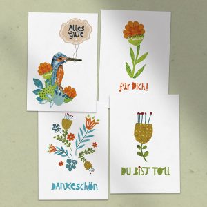 Abbildung: Postkarten-Set zum Ausdrucken. Die Motive zeigen einen Eisvogel sowie Blumen mit kleinen Textbotschaften.