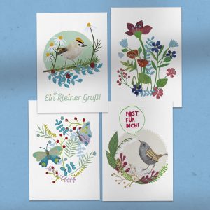 Abbildung: Postkarten-Set zum Ausdrucken. Die Motive zeigen Blumen, Voegel und Schmetterlinge.