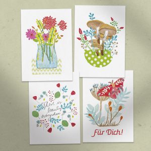 Abbildung: Postkarten-Set zum Ausdrucken. Die Motive sind farbenfroh und floral.