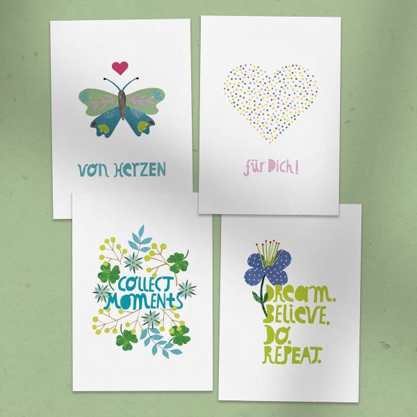 Abbildung: Postkarten-Set mit Textgrueßen zum Ausdrucken. Die Motive sind floral und farbenfroh.